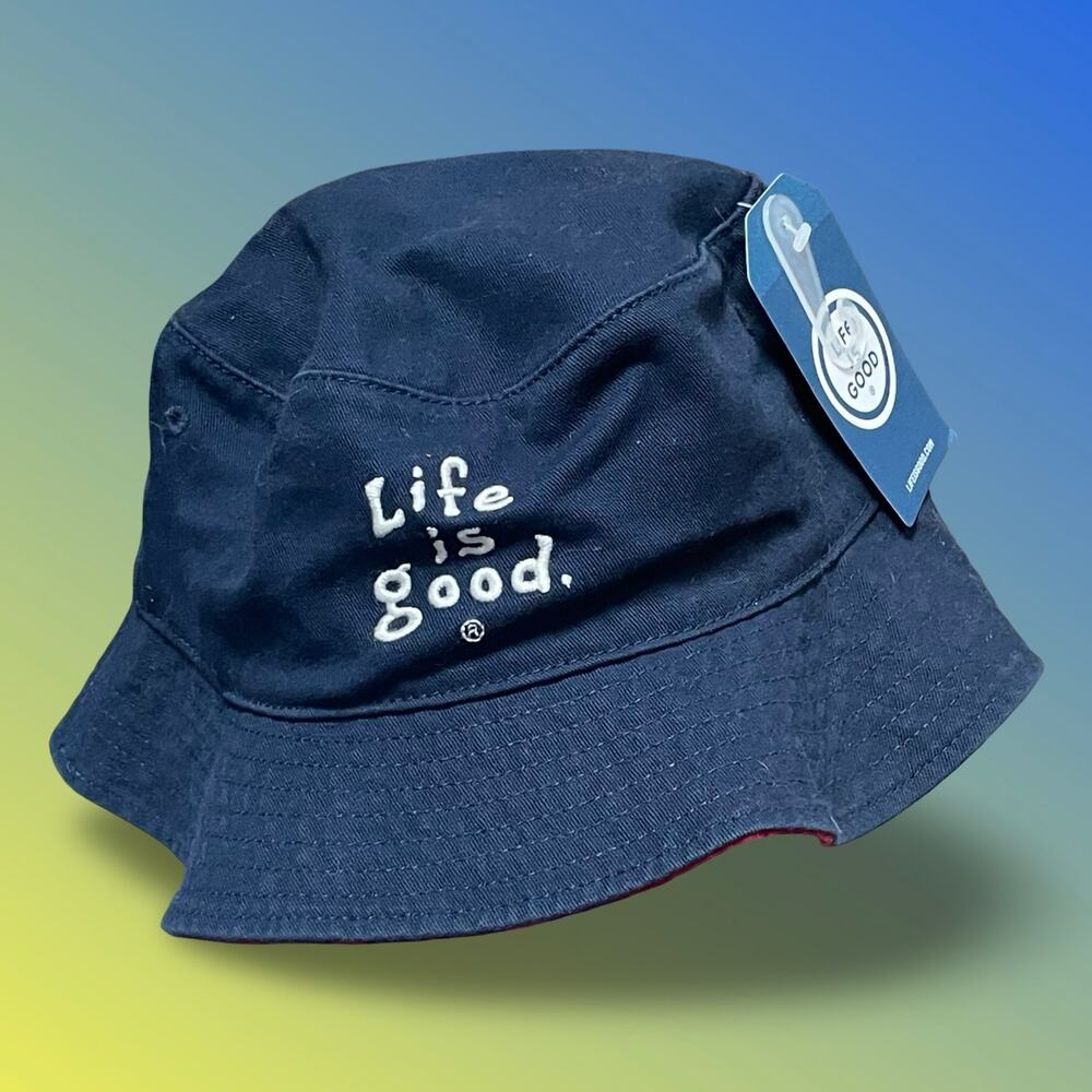 Life Is Good Vintage Wordmark Stacked Bucket Hat Blue Red Chinstrap Sun Hat OS